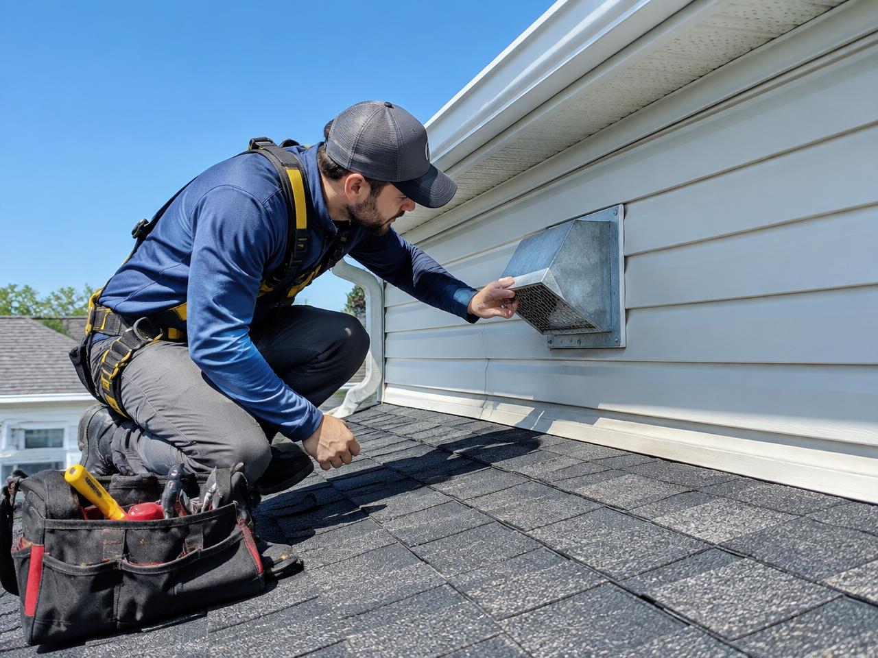 Technician inspecting an exterior dryer vent cap